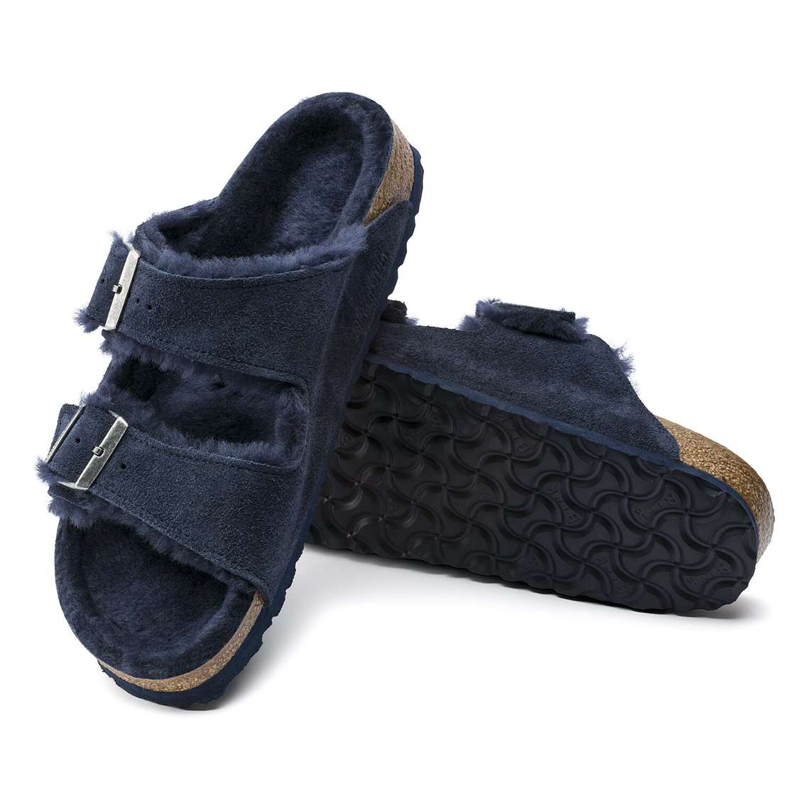 Birkenstock Arizona Shearling Suede Leather Two Strap Sandals Blue | UHXgV6ncxJx