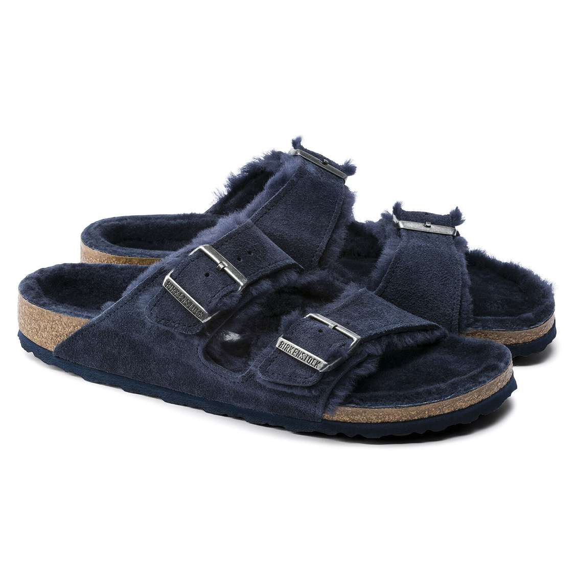 Birkenstock Arizona Shearling Suede Leather Two Strap Sandals Blue | UHXgV6ncxJx