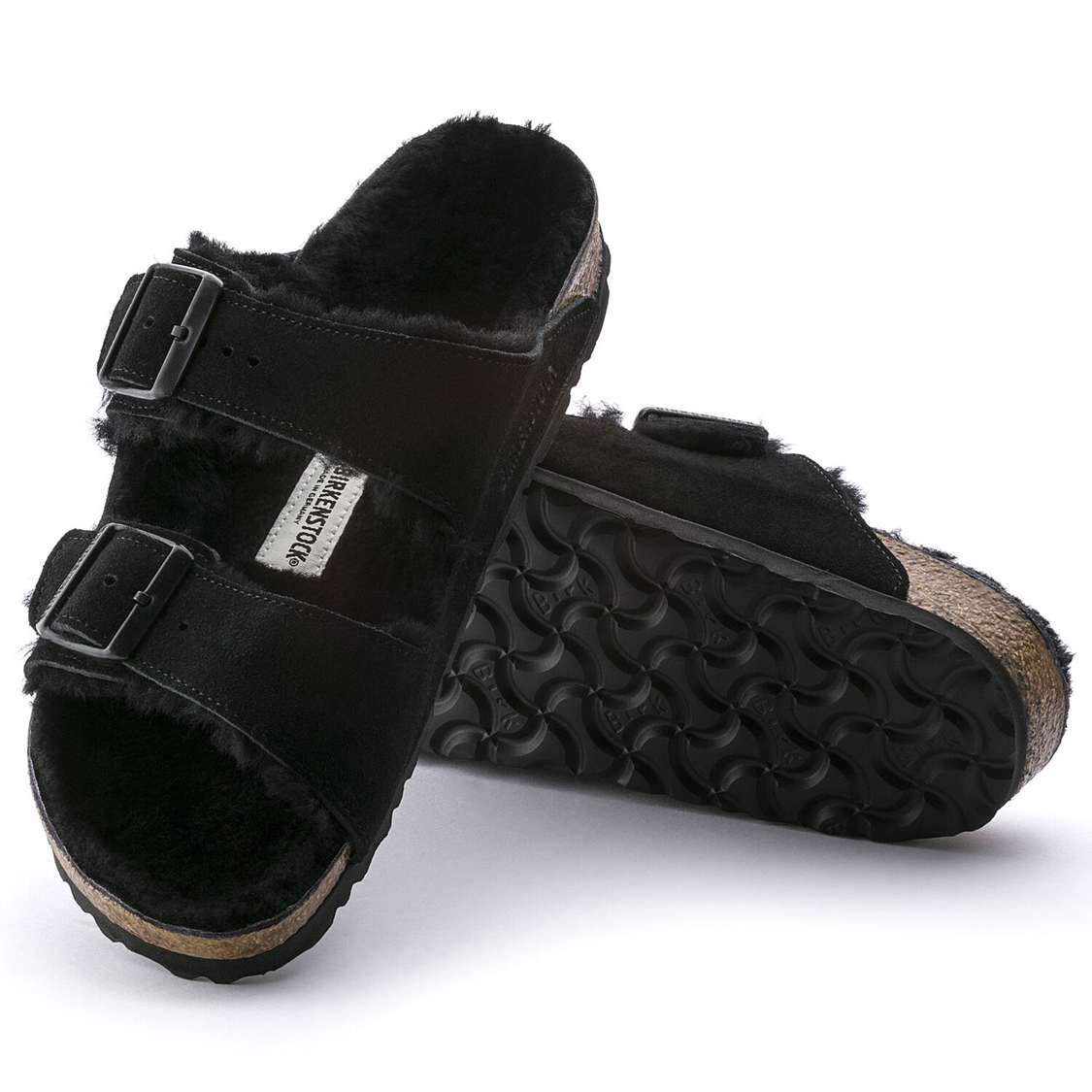 Birkenstock Arizona Shearling Suede Leather Two Strap Sandals Black | tl162GHIFvb