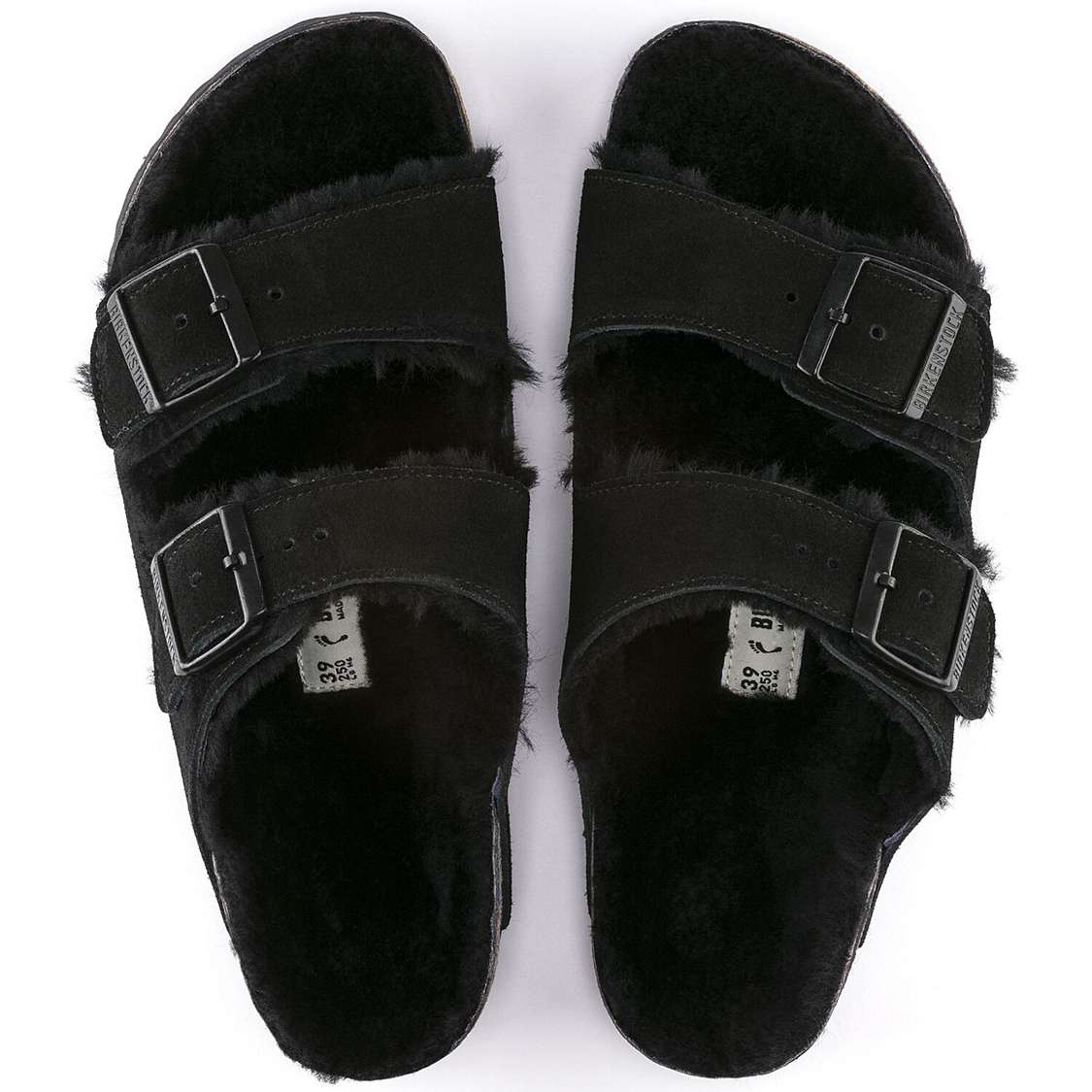 Birkenstock Arizona Shearling Suede Leather Two Strap Sandals Black | tl162GHIFvb