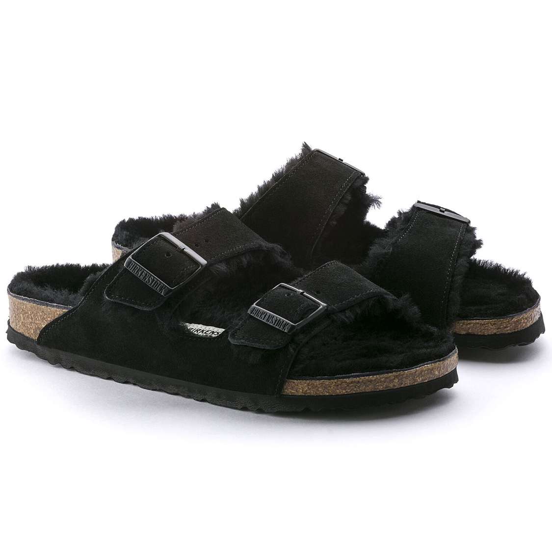 Birkenstock Arizona Shearling Suede Leather Two Strap Sandals Black | tl162GHIFvb