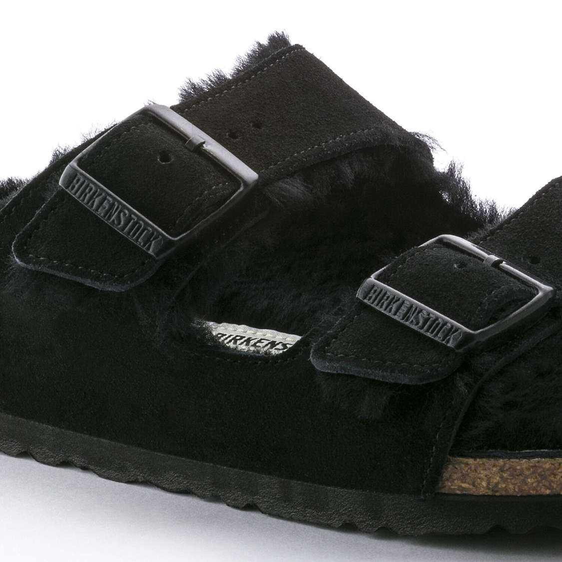 Birkenstock Arizona Shearling Suede Leather Two Strap Sandals Black | tl162GHIFvb