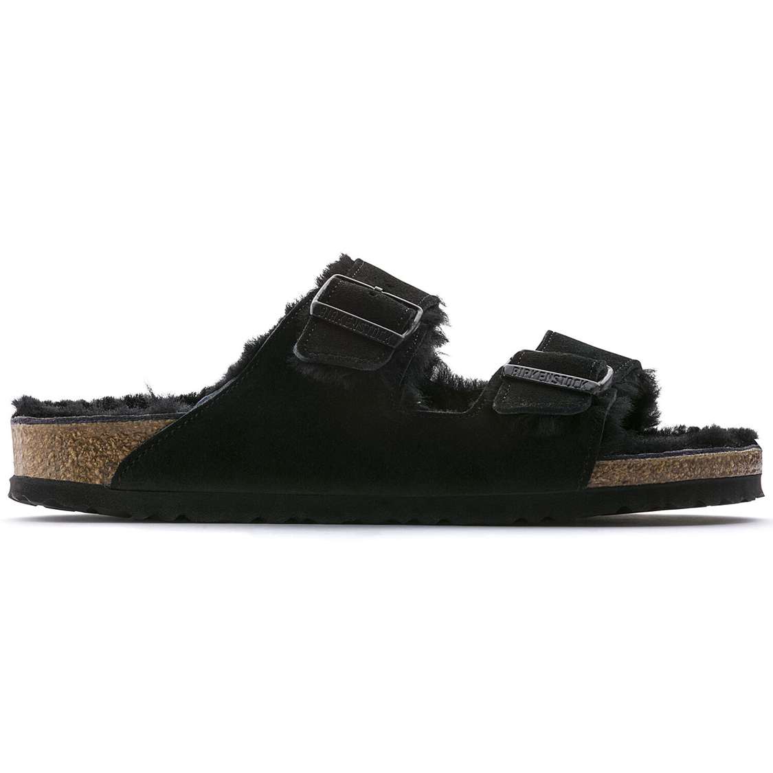 Birkenstock Arizona Shearling Suede Leather Two Strap Sandals Black | uILCLsMO66n