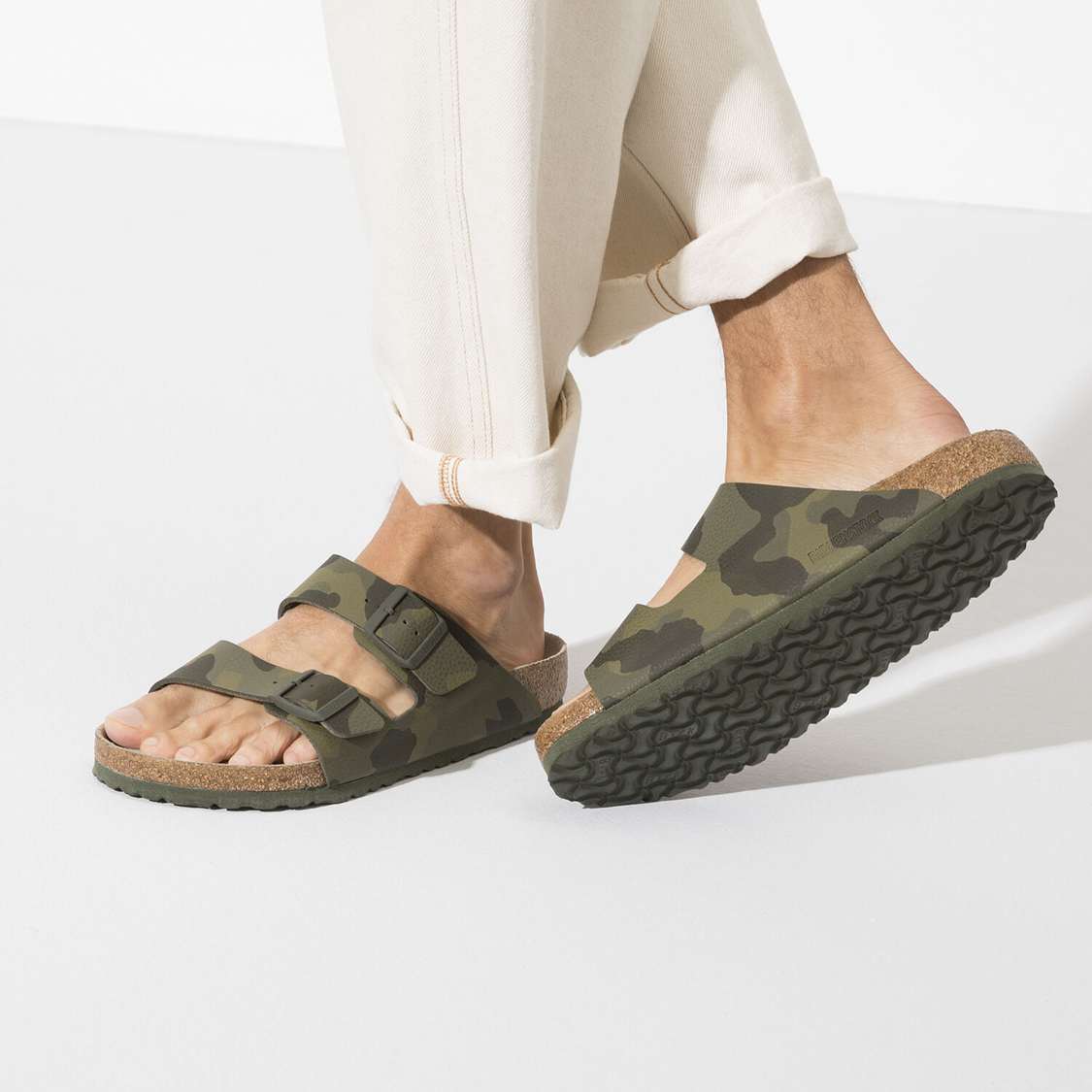 Birkenstock Arizona Soft Footbed Birko-Flor Two Strap Sandals Camo Green | T63lhAXTRo8