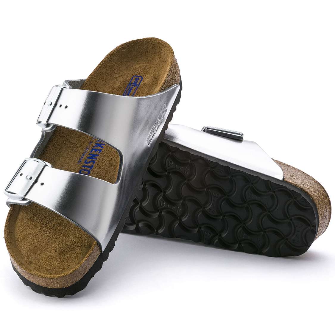 Birkenstock Arizona Soft Footbed Leather Two Strap Sandals Silver | 5IRbt69BZAG