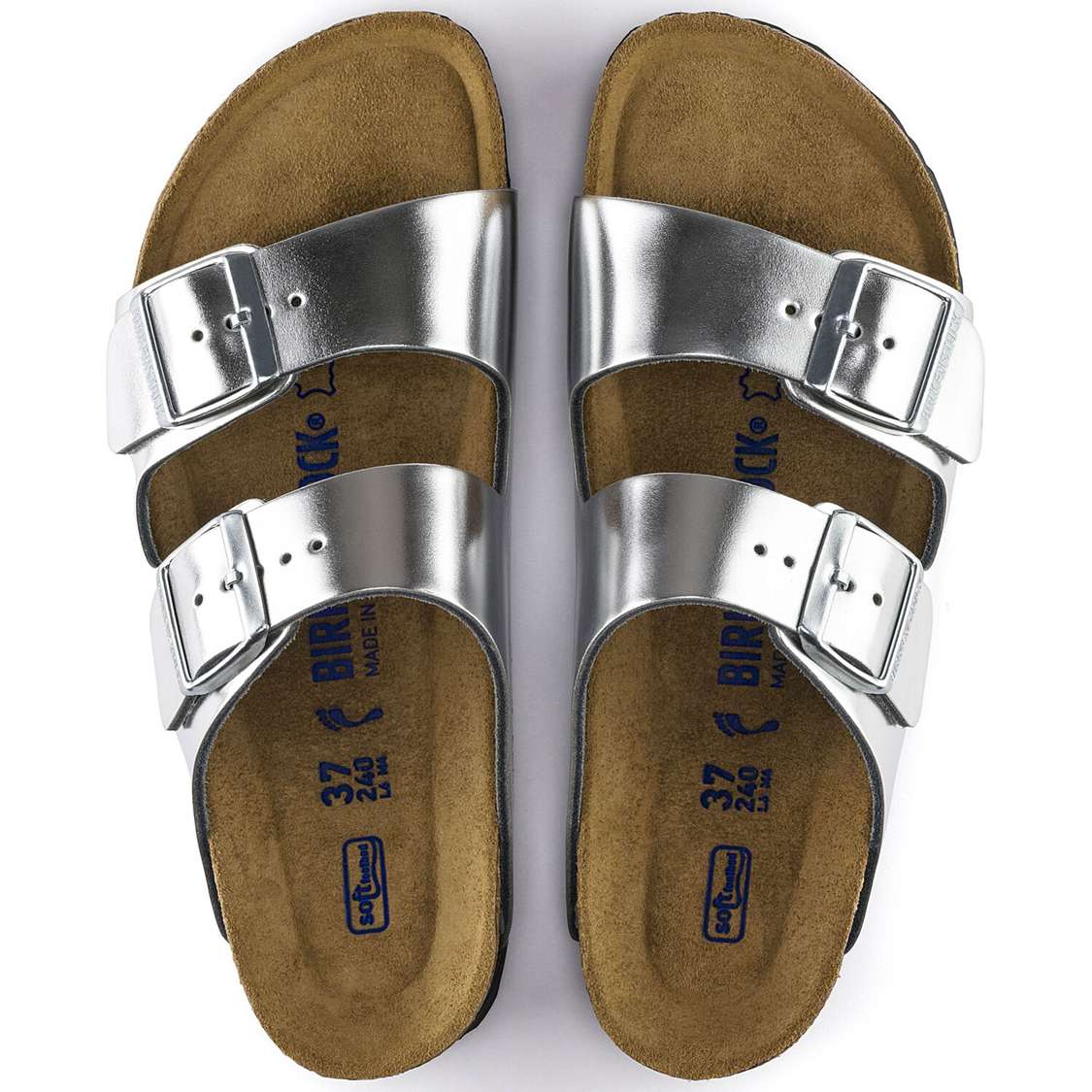 Birkenstock Arizona Soft Footbed Leather Two Strap Sandals Silver | 5IRbt69BZAG