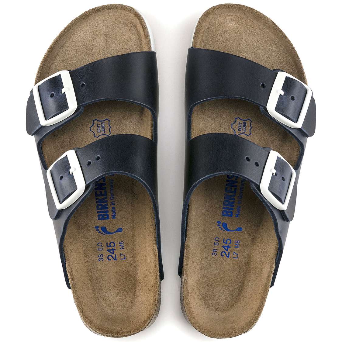 Birkenstock Arizona Soft Footbed Leather Two Strap Sandals Blue | FV77lC5Uqkz