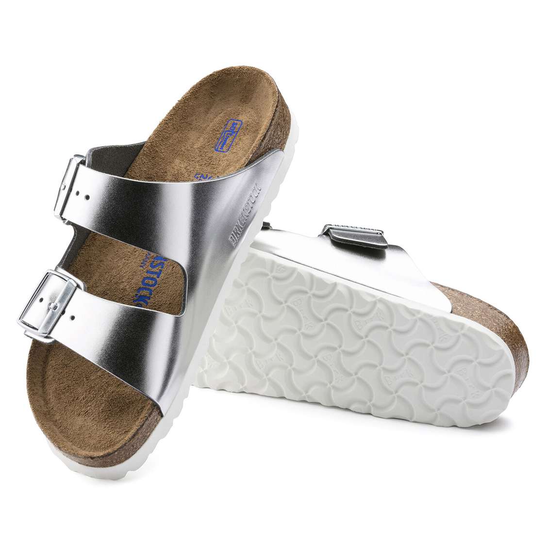 Birkenstock Arizona Soft Footbed Leather Two Strap Sandals Silver | ViZeKc3T4fi