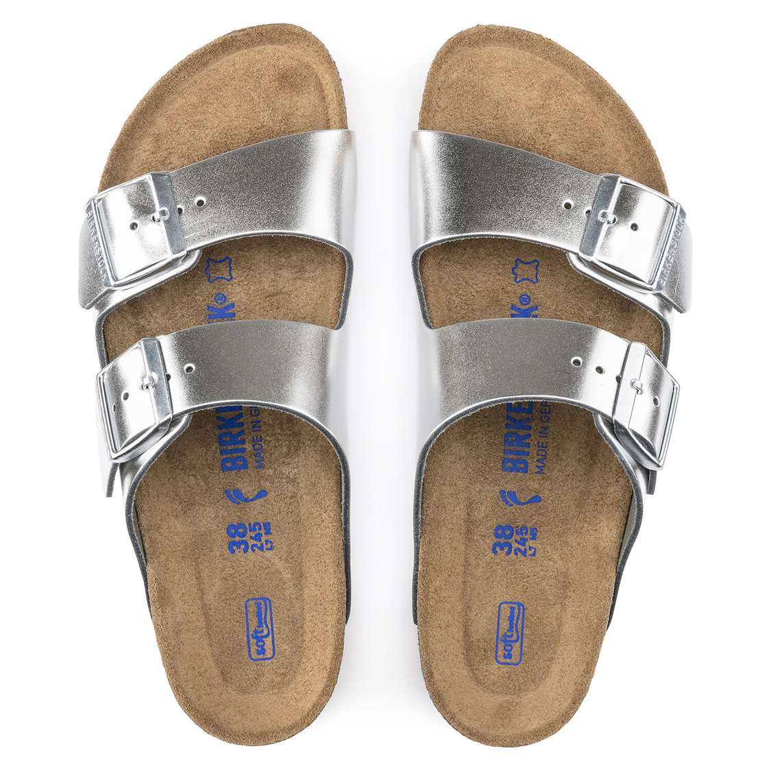 Birkenstock Arizona Soft Footbed Leather Two Strap Sandals Silver | ViZeKc3T4fi