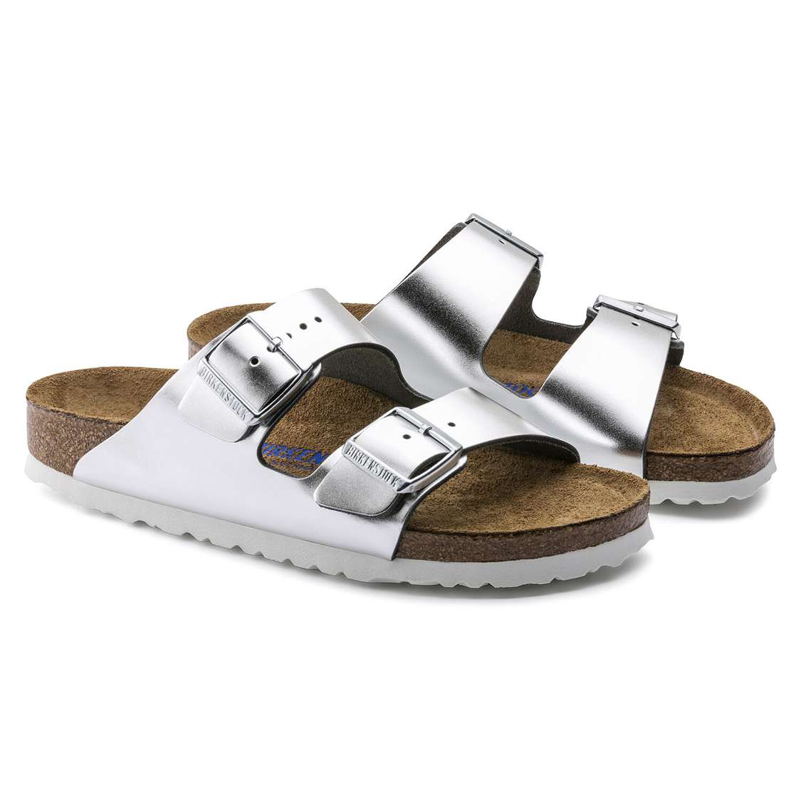 Birkenstock Arizona Soft Footbed Leather Two Strap Sandals Silver | ViZeKc3T4fi