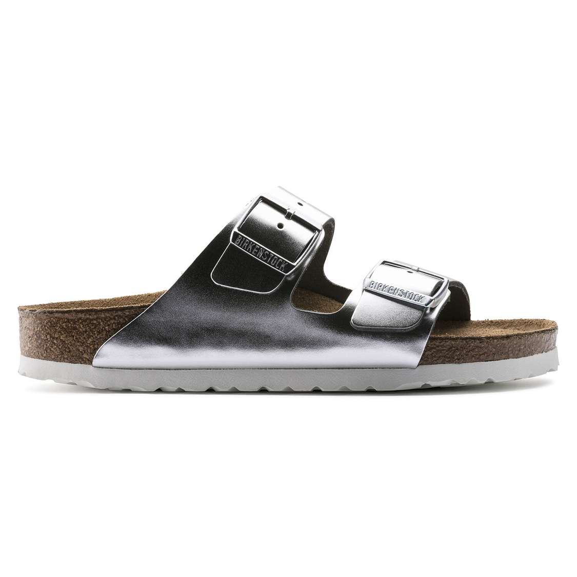 Birkenstock Arizona Soft Footbed Leather Two Strap Sandals Silver | ViZeKc3T4fi