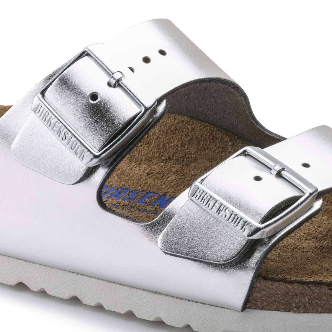 Birkenstock Arizona Soft Footbed Leather Two Strap Sandals Silver | ViZeKc3T4fi