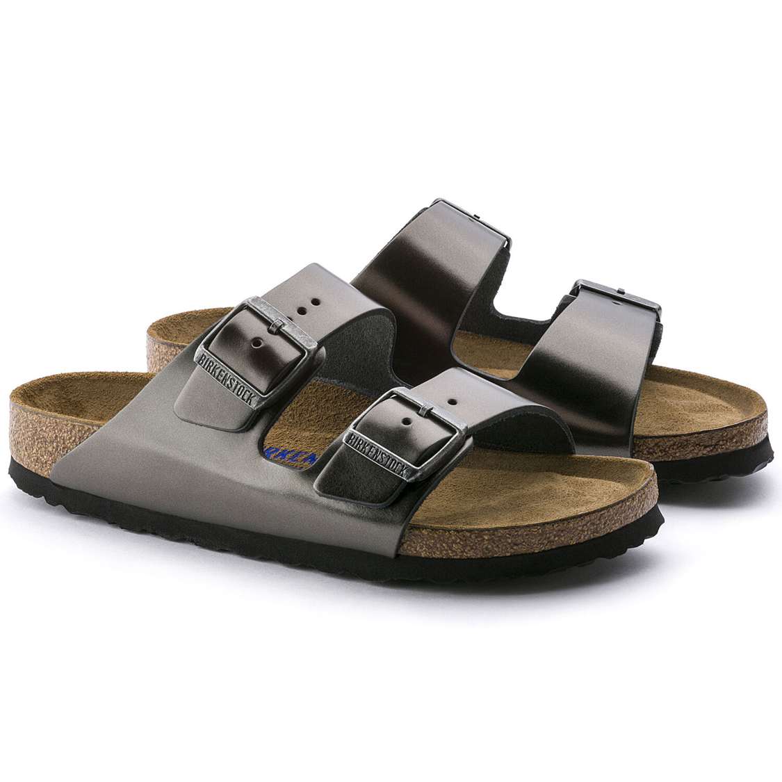 Birkenstock Arizona Soft Footbed Leather Two Strap Sandals Dark Grey | fDpLKgMAtqV