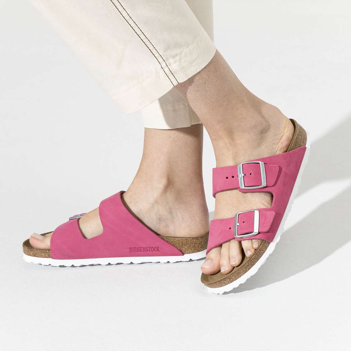 Birkenstock Arizona Soft Footbed Nubuck Leather Two Strap Sandals Fuchsia | ZkaMXhSPfX9