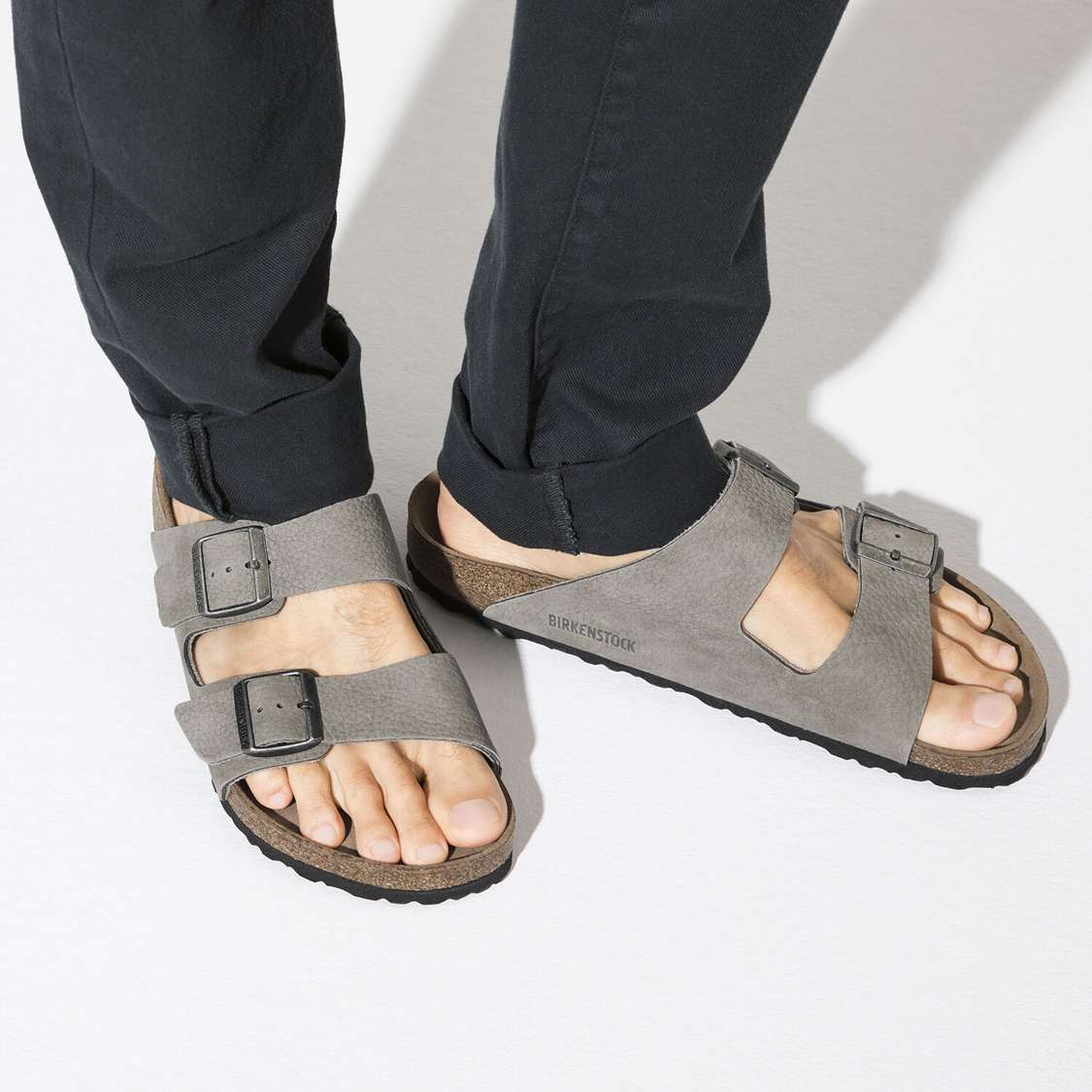 Birkenstock Arizona Soft Footbed Nubuck Leather Two Strap Sandals Grey | uBfGSgisWN9