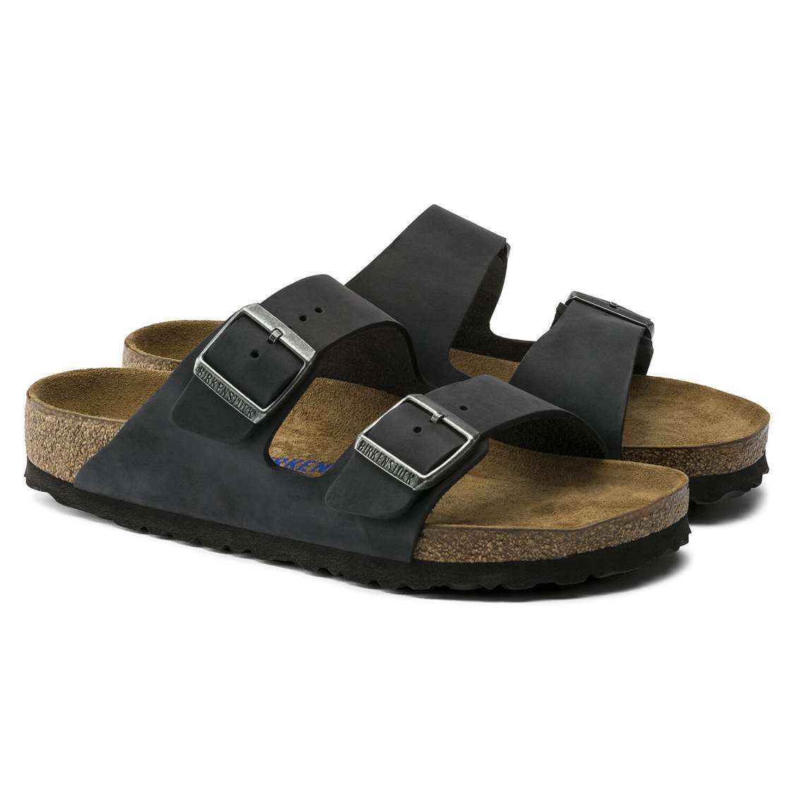 Birkenstock Arizona Soft Footbed Oiled Nubuck Leather Two Strap Sandals Black | BtZluT5jMLd