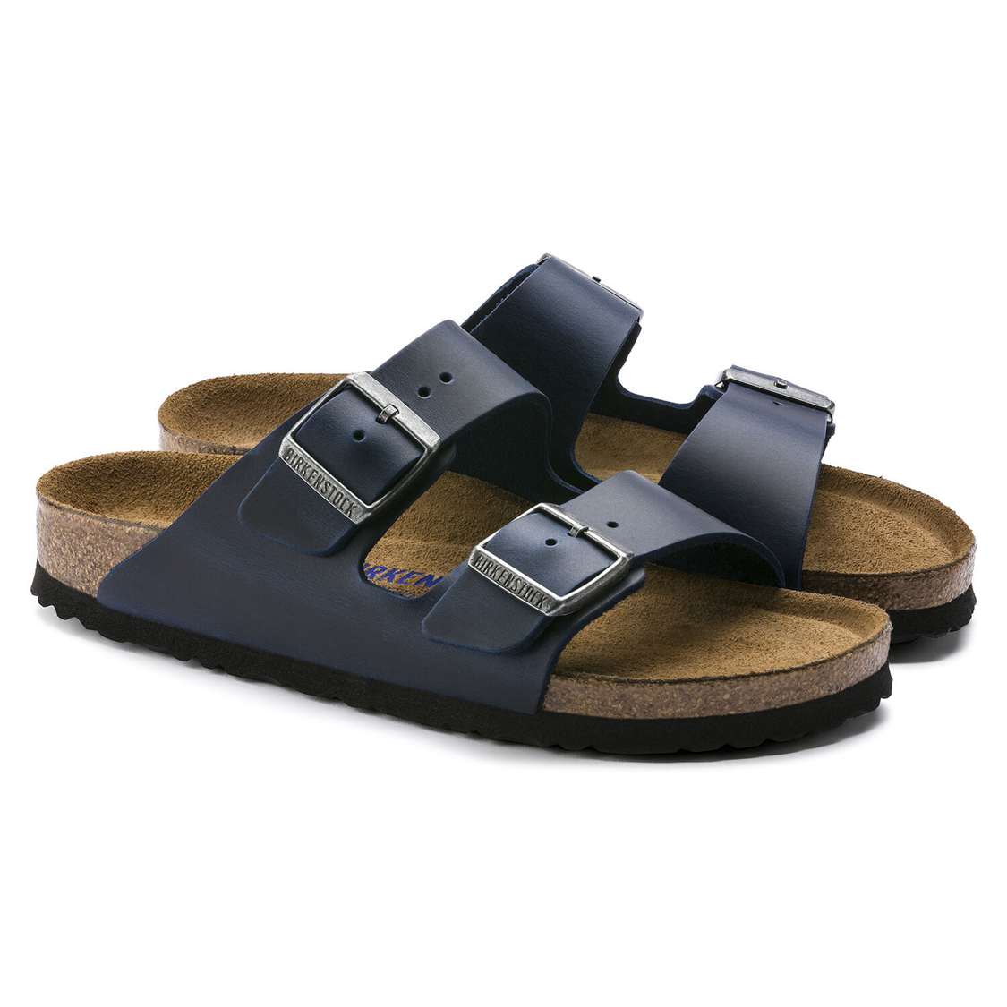 Birkenstock Arizona Soft Footbed Oiled Nubuck Leather Two Strap Sandals Blue | DMIuYLJyram