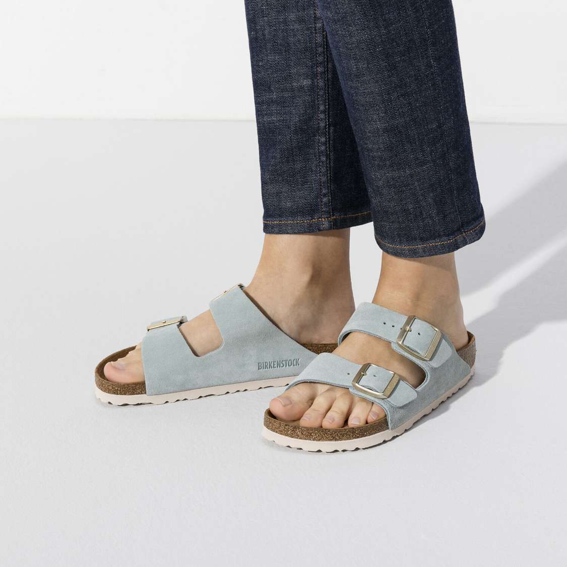 Birkenstock Arizona Soft Footbed Suede Leather Two Strap Sandals Light Blue | z1tVaf6RH8r