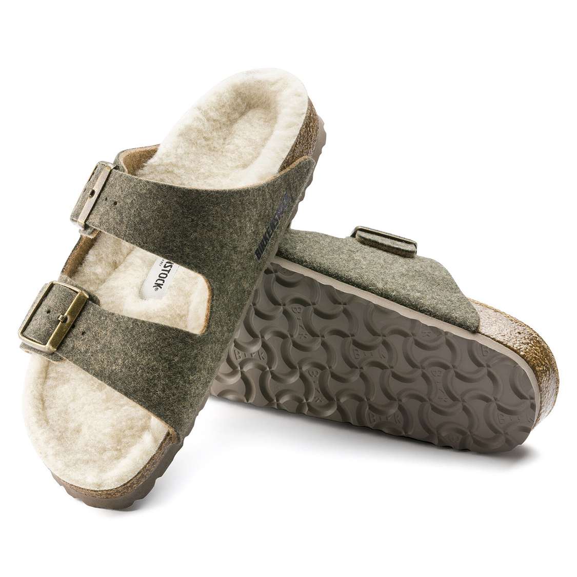 Birkenstock Arizona Wool Felt Two Strap Sandals Khaki | TIqGvA8mH2G