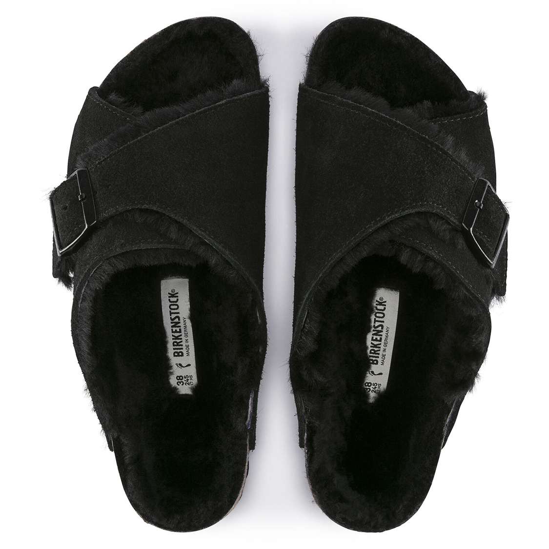 Birkenstock Arosa Shearling Suede Leather Two Strap Sandals Black | hSHv3etz4qZ