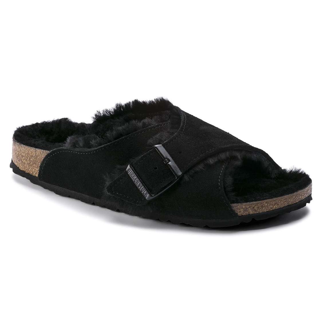 Birkenstock Arosa Shearling Suede Leather Two Strap Sandals Black | hSHv3etz4qZ