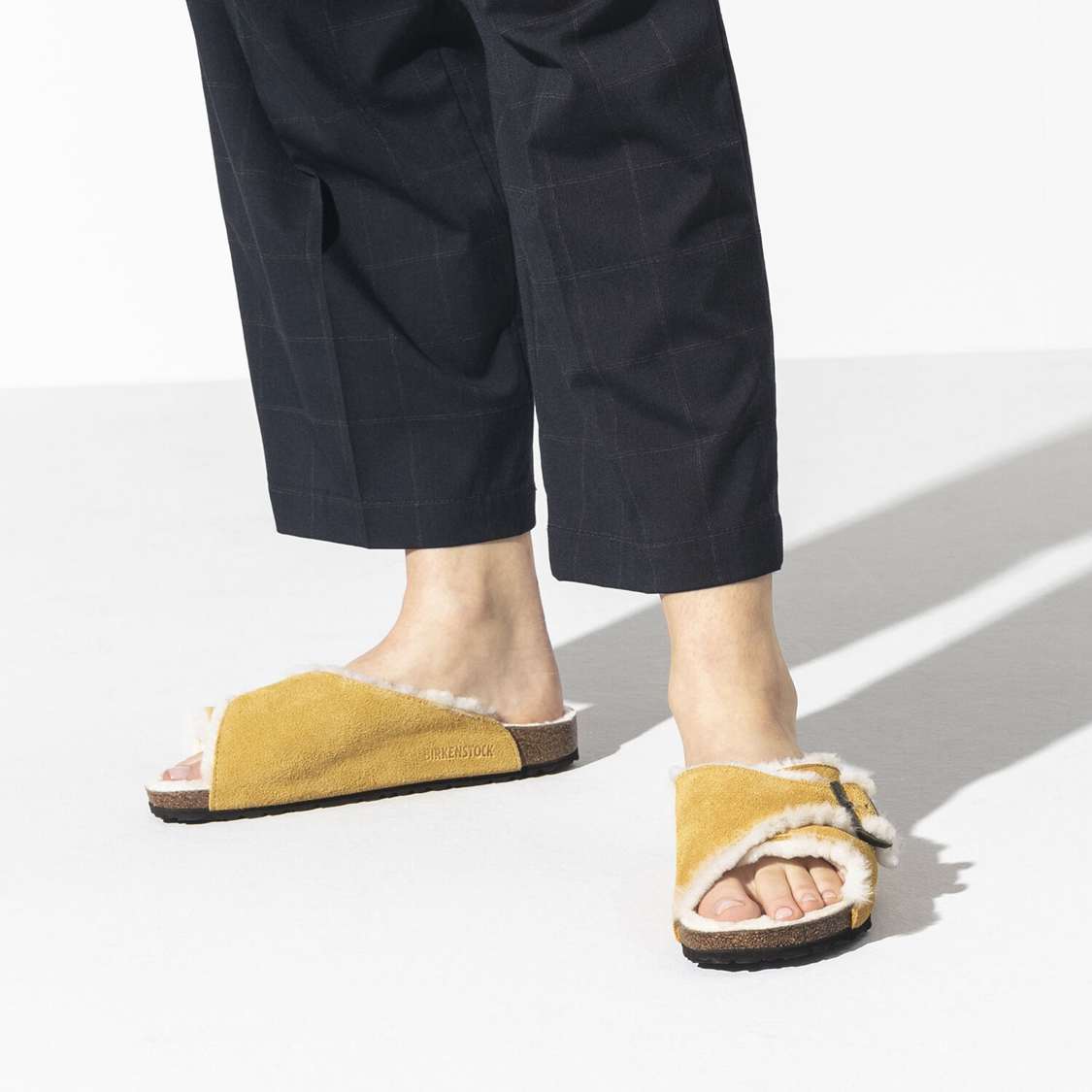 Birkenstock Arosa Shearling Suede Leather One Strap Sandals Yellow | mhWkbADFzJc