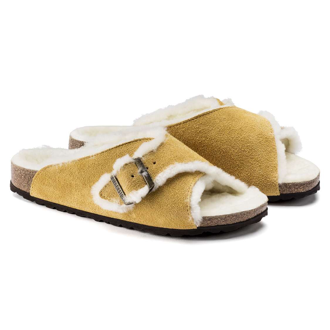 Birkenstock Arosa Shearling Suede Leather One Strap Sandals Yellow | mhWkbADFzJc