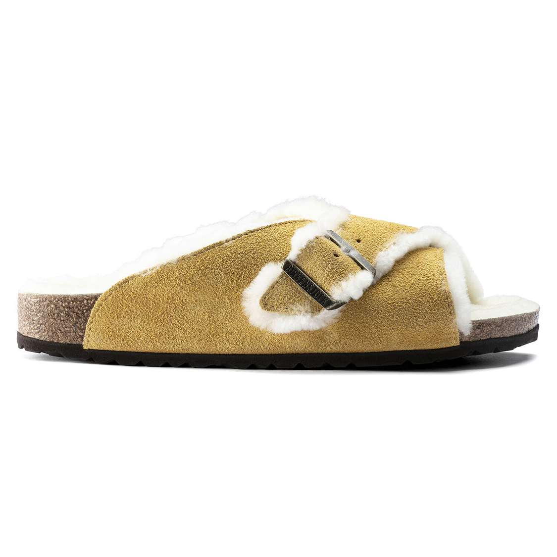 Birkenstock Arosa Shearling Suede Leather One Strap Sandals Yellow | mhWkbADFzJc