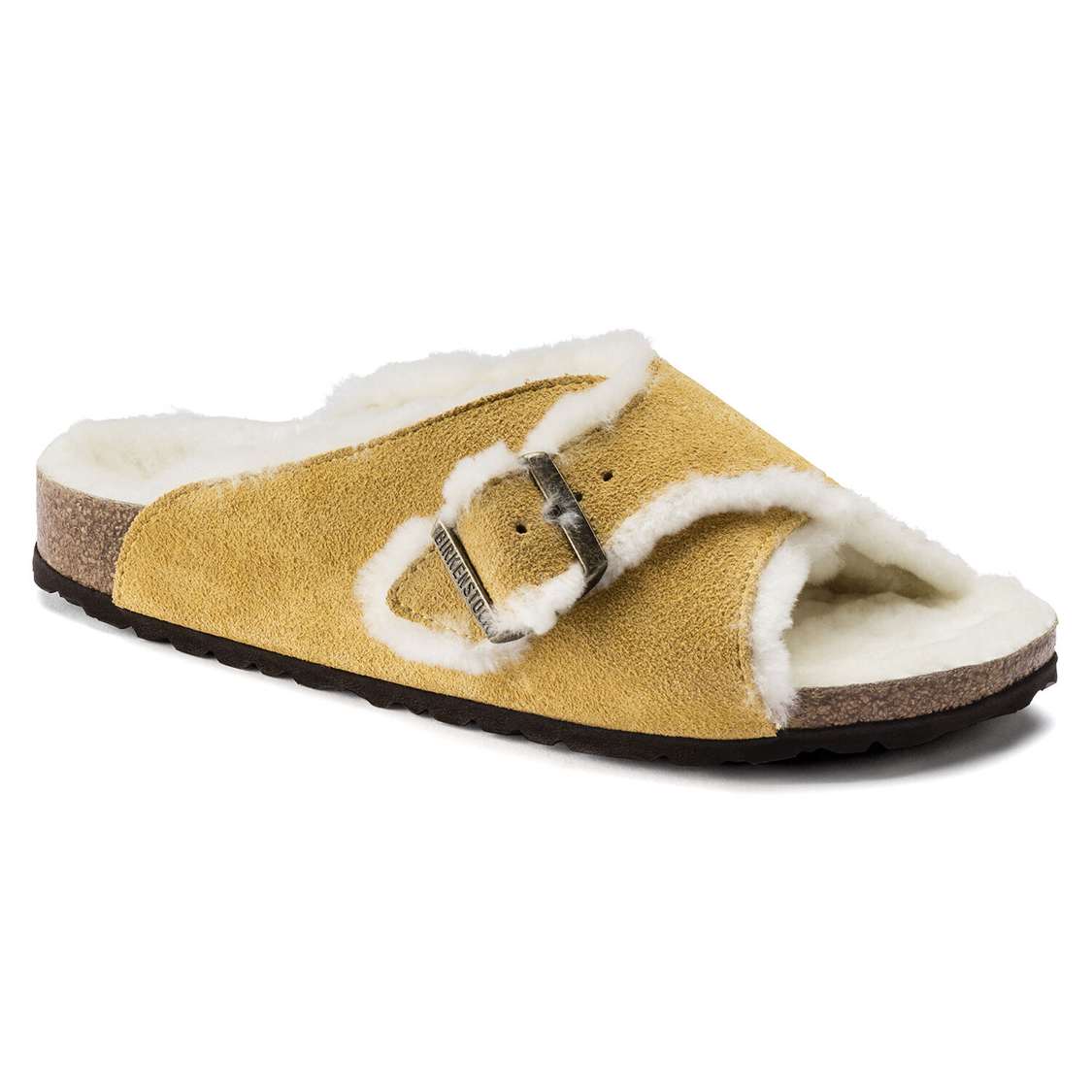 Birkenstock Arosa Shearling Suede Leather One Strap Sandals Yellow | mhWkbADFzJc