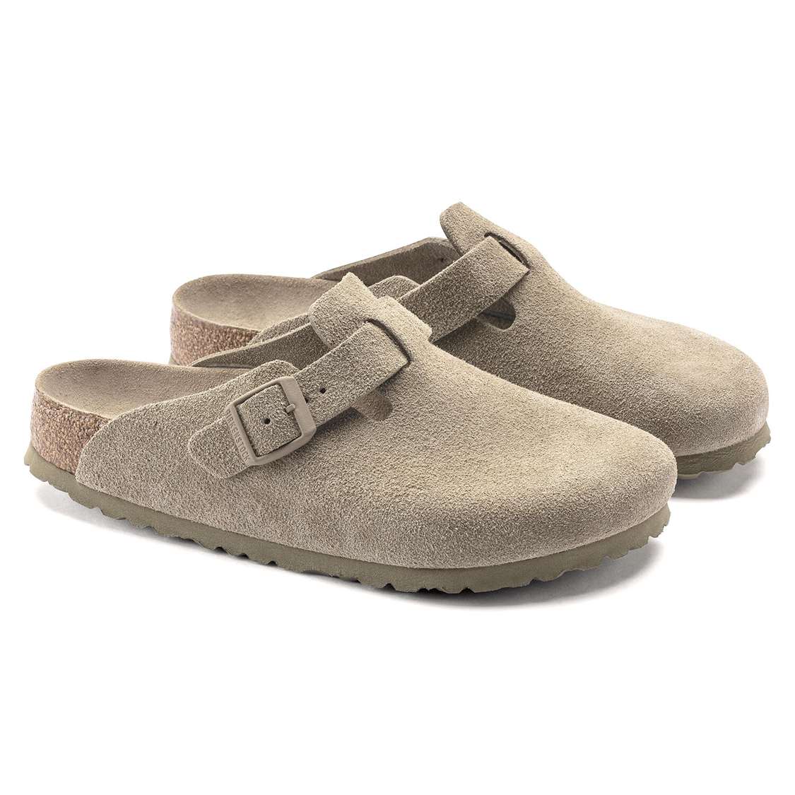 Birkenstock Boston Soft Footbed Suede Leather Clogs Khaki | EZS6LQO6cuy