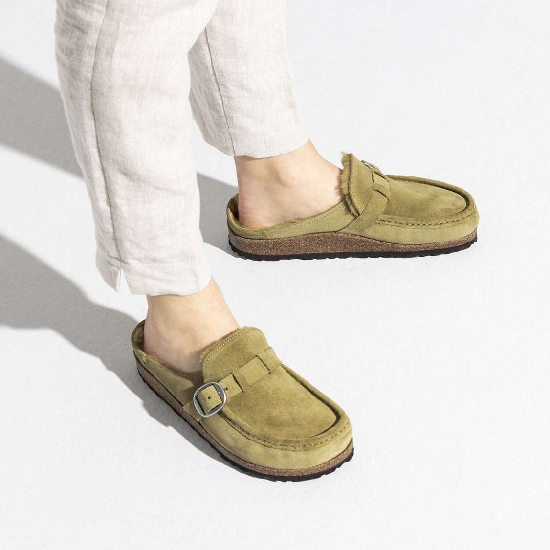 Birkenstock Buckley Shearling Suede Leather Clogs Olive | mK6YWhzYPai