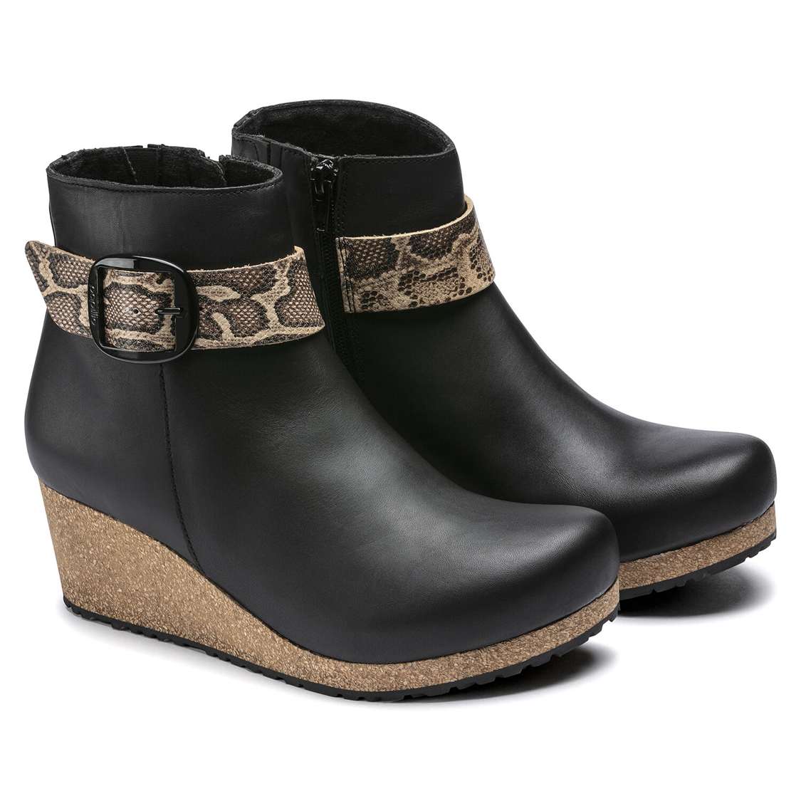 Birkenstock Elli Big Buckle Embossed Leather Boots Black / Snake Beige | akJcwACjpoO