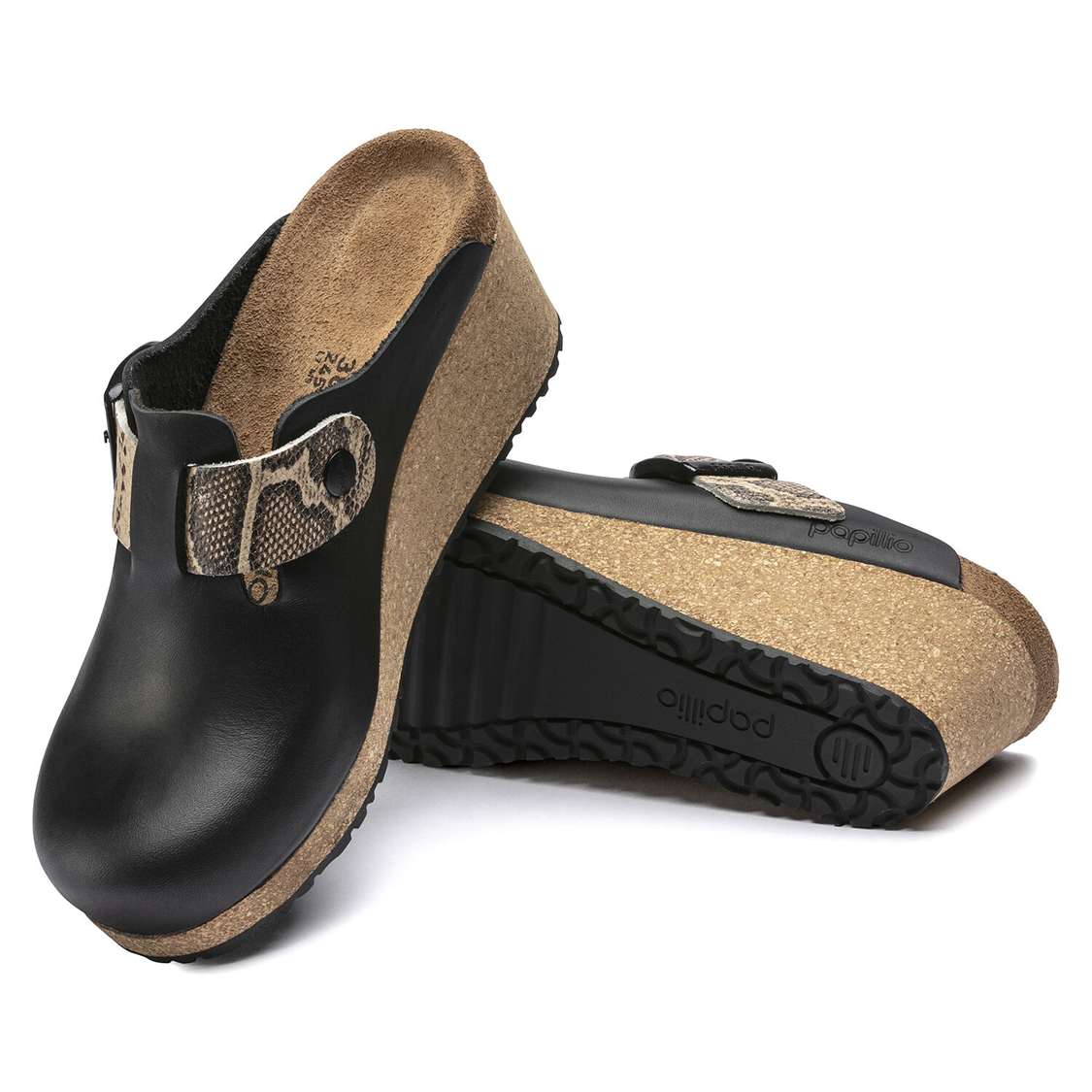 Birkenstock Fanny Embossed Leather Clogs Black / Snake Beige | izs6XjCNsUY