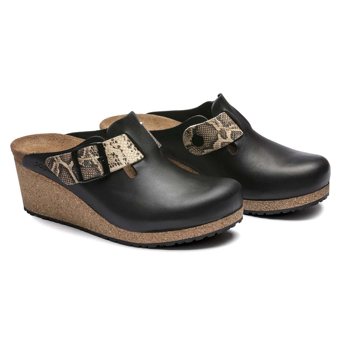 Birkenstock Fanny Embossed Leather Clogs Black / Snake Beige | izs6XjCNsUY