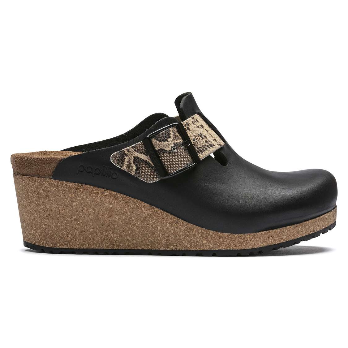 Birkenstock Fanny Embossed Leather Clogs Black / Snake Beige | izs6XjCNsUY