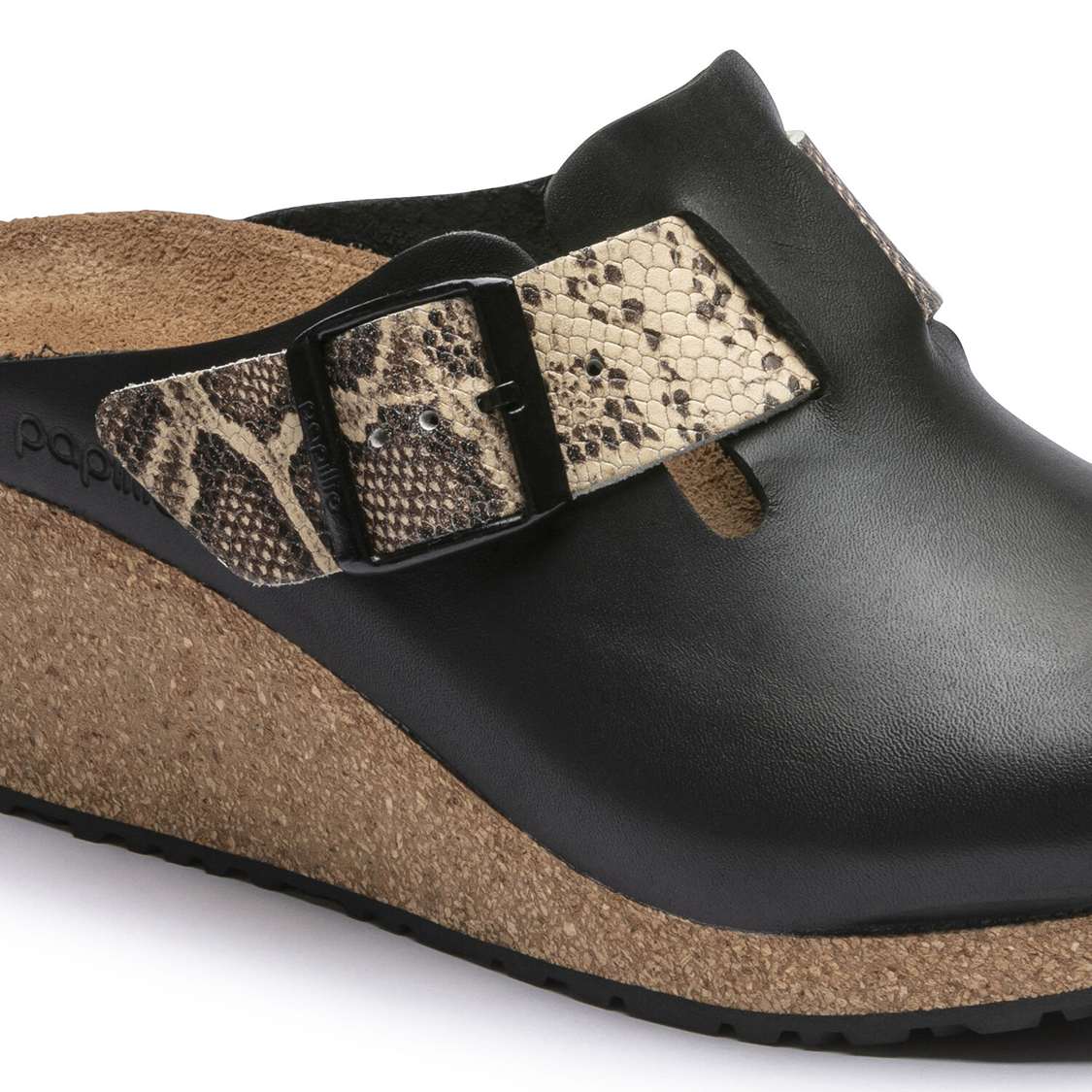 Birkenstock Fanny Embossed Leather Clogs Black / Snake Beige | izs6XjCNsUY