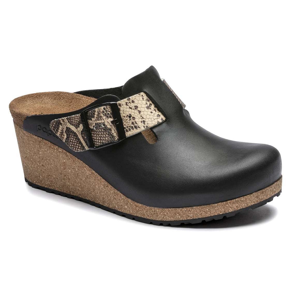 Birkenstock Fanny Embossed Leather Clogs Black / Snake Beige | izs6XjCNsUY