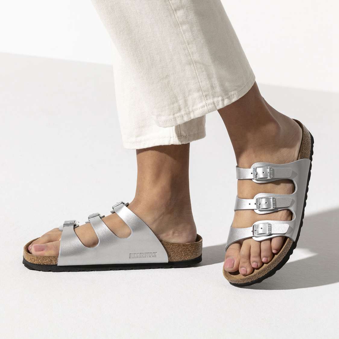 Birkenstock Florida Birko-Flor Multi Strap Sandals Silver | E9BLL71ocAT