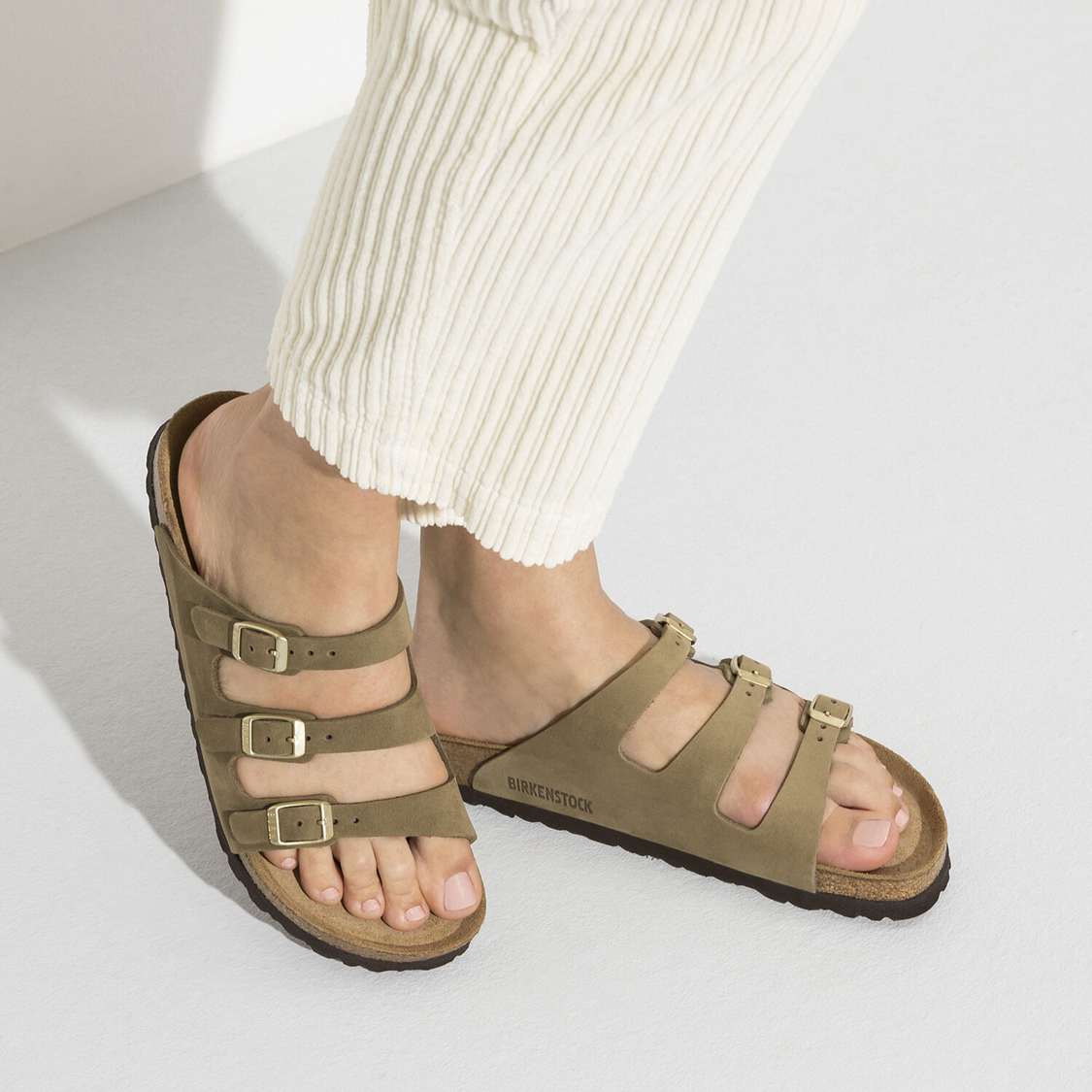 Birkenstock Florida Fresh Soft Footbed Nubuck Leather Multi Strap Sandals Khaki | 7f3lIsyB74F