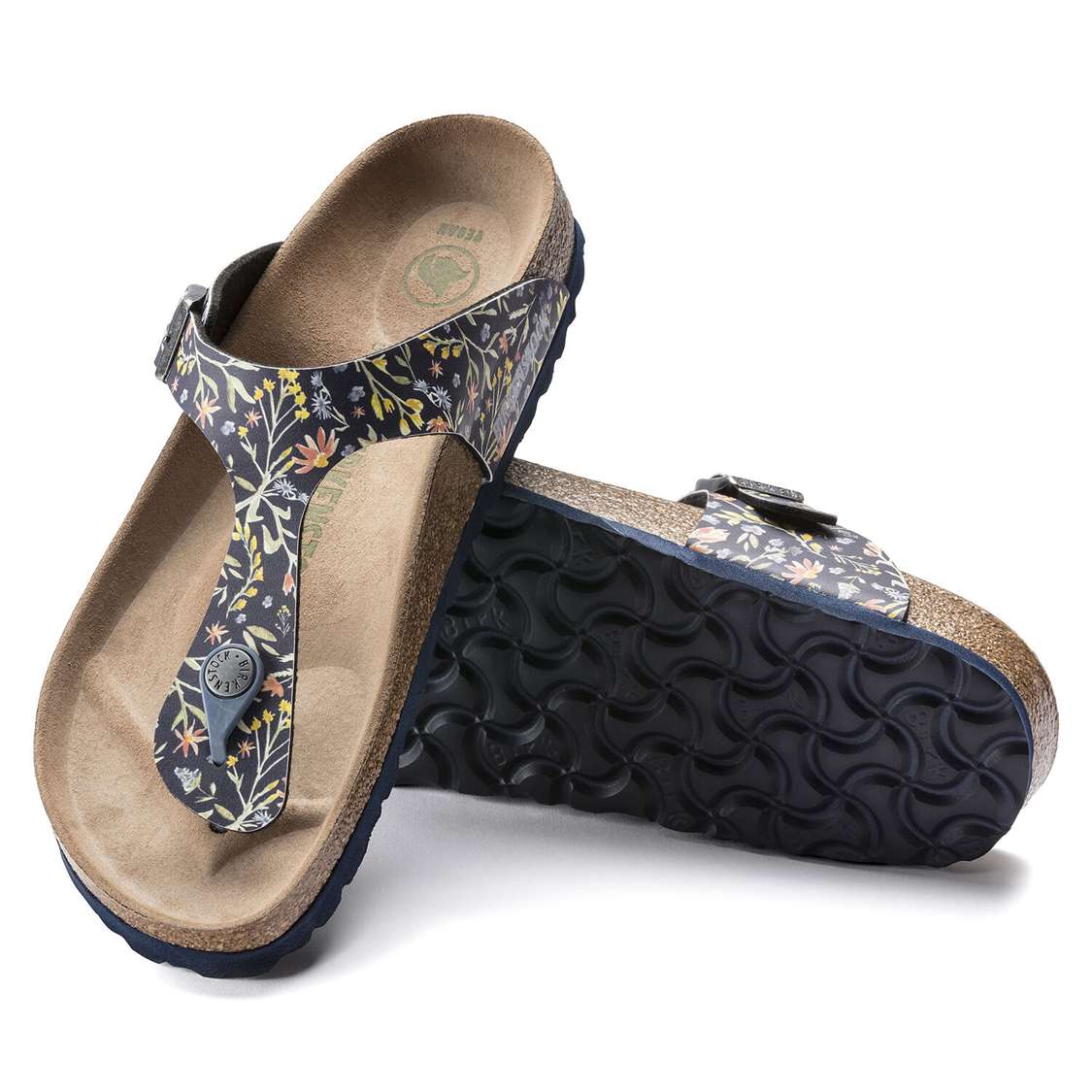 Birkenstock Gizeh Vegan Birko-Flor One Strap Sandals Flower Navy | 3bZKMsQ3h5Z