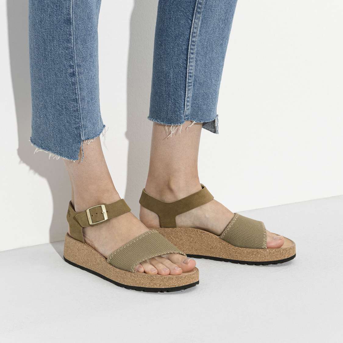 Birkenstock Glenda Suede Leather/Textile Two Strap Sandals Khaki | D6geYSLRgTF