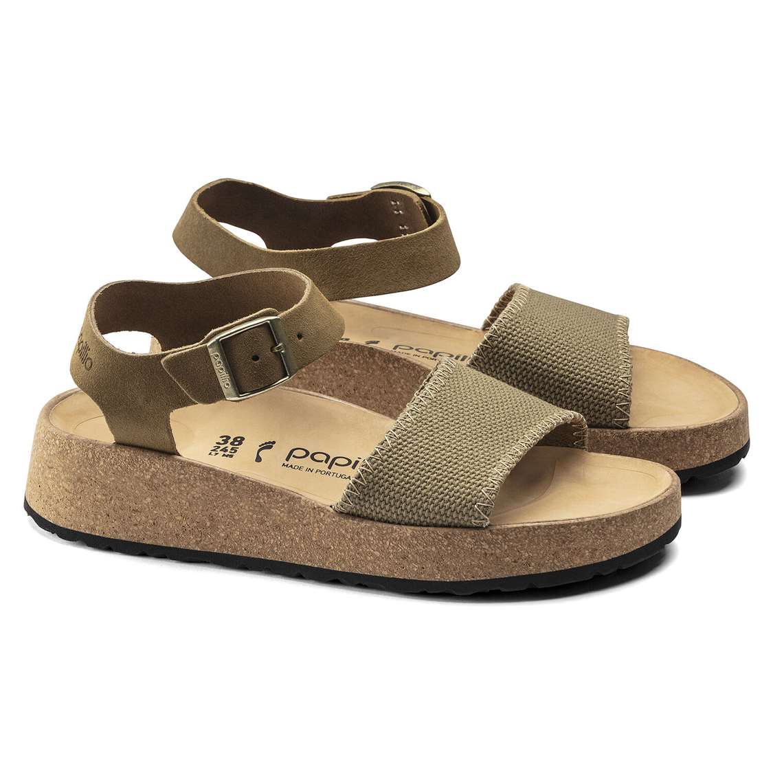 Birkenstock Glenda Suede Leather/Textile Two Strap Sandals Khaki | D6geYSLRgTF