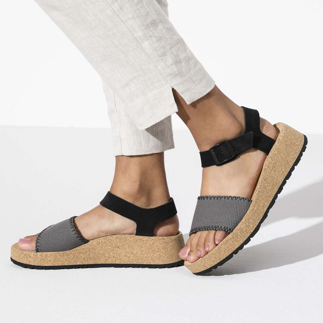 Birkenstock Glenda Suede Leather/Textile Platforms Sandals Dark Grey | aEXMotfORTK