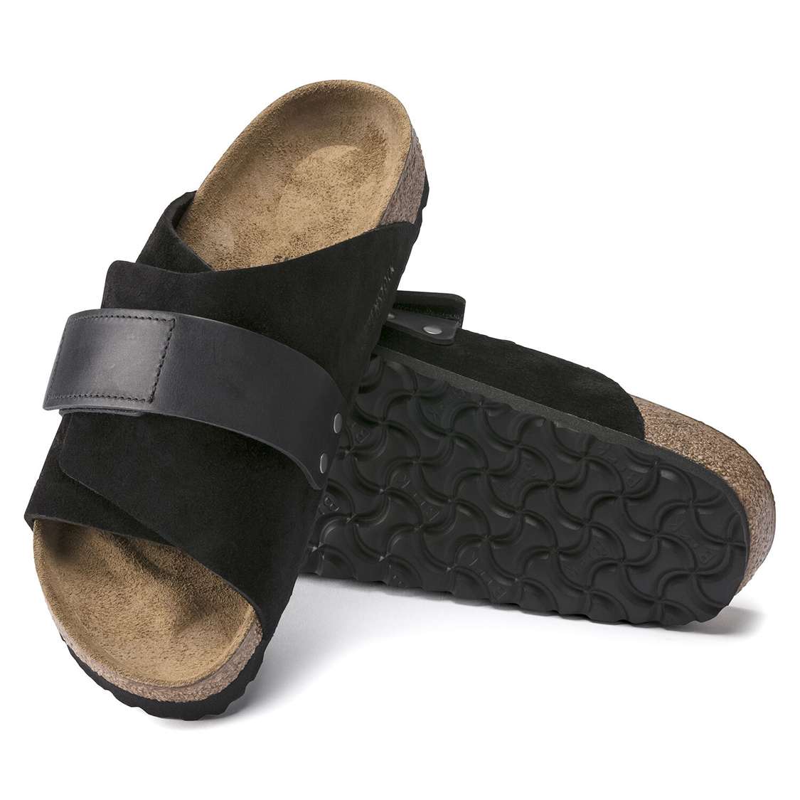 Birkenstock Kyoto Oiled Leather/Suede Leather One Strap Sandals Black | 2avyYr9s4yn