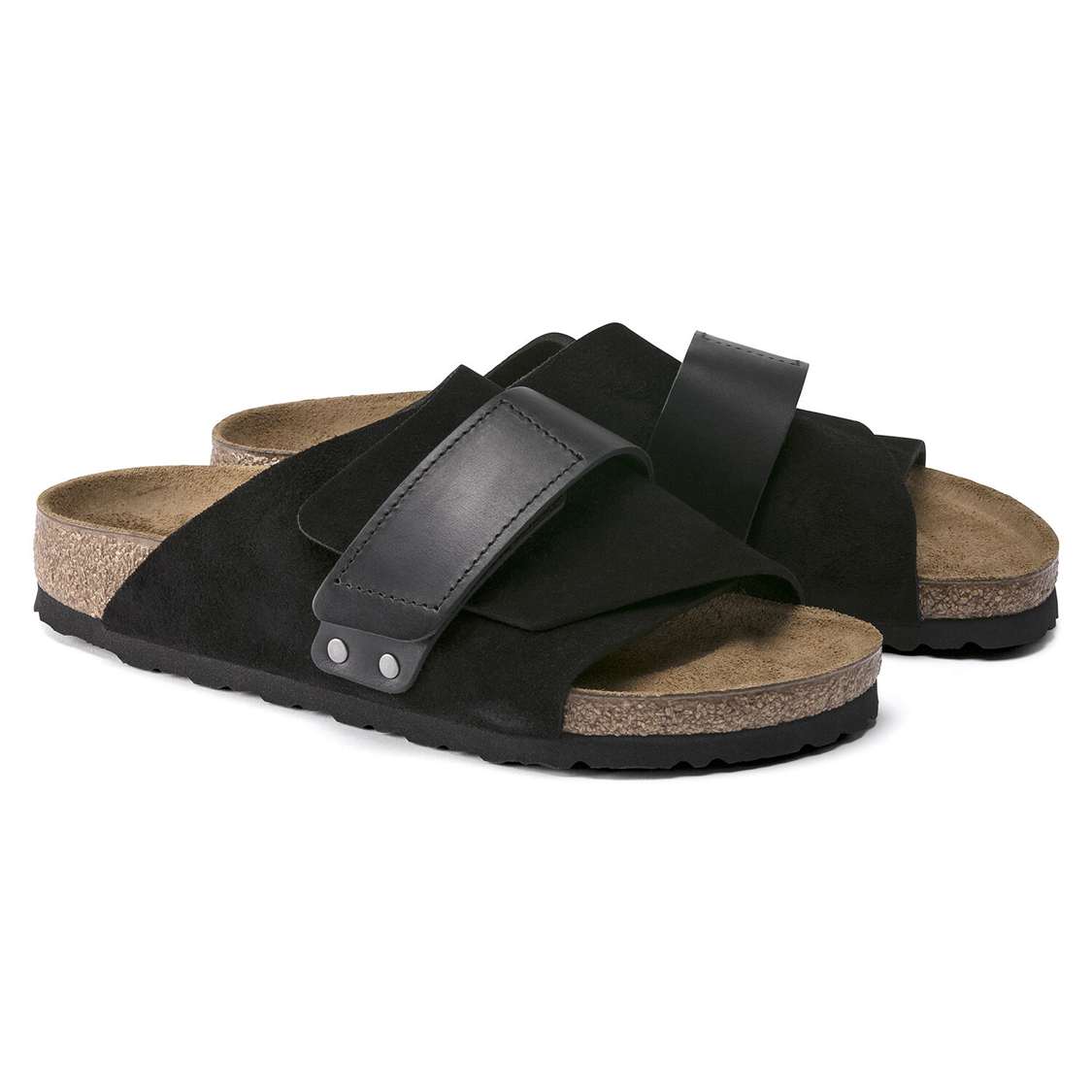 Birkenstock Kyoto Oiled Leather/Suede Leather One Strap Sandals Black | 2avyYr9s4yn