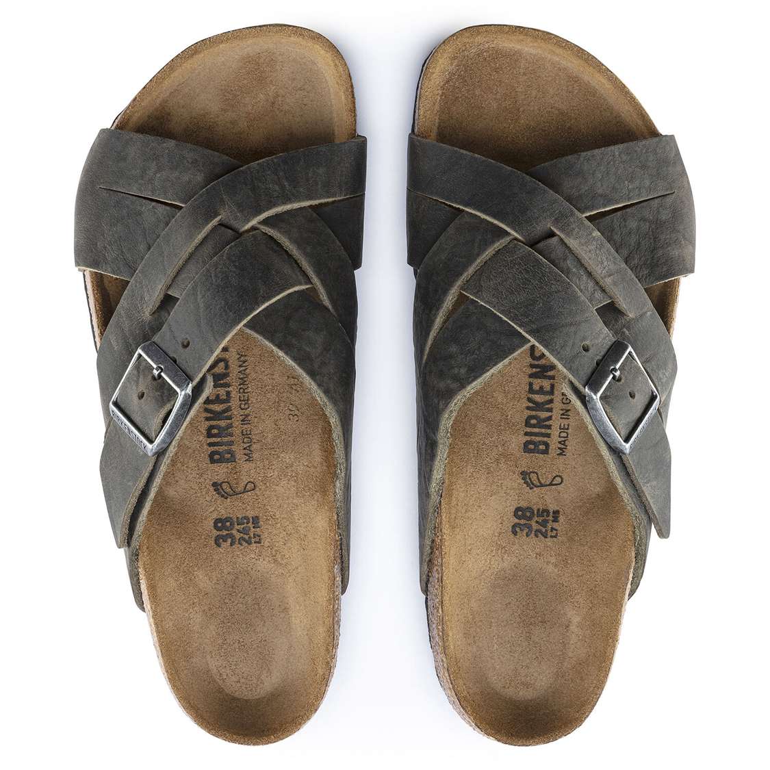 Birkenstock Lugano Oiled Leather Two Strap Sandals Khaki | VzPKVmiMlvb