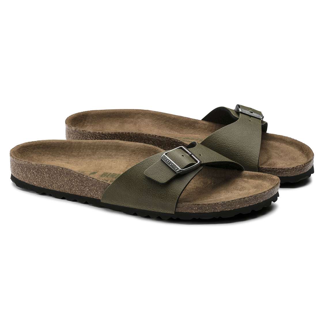 Birkenstock Madrid Vegan Birko-Flor One Strap Sandals Olive | x8wWkTt9AQW