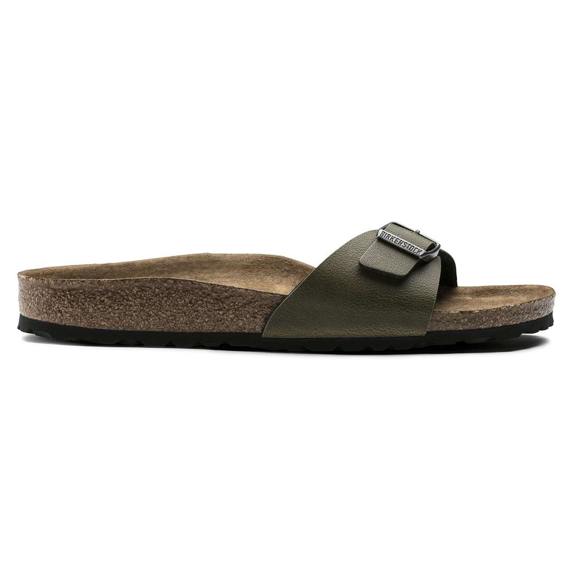 Birkenstock Madrid Vegan Birko-Flor One Strap Sandals Olive | x8wWkTt9AQW