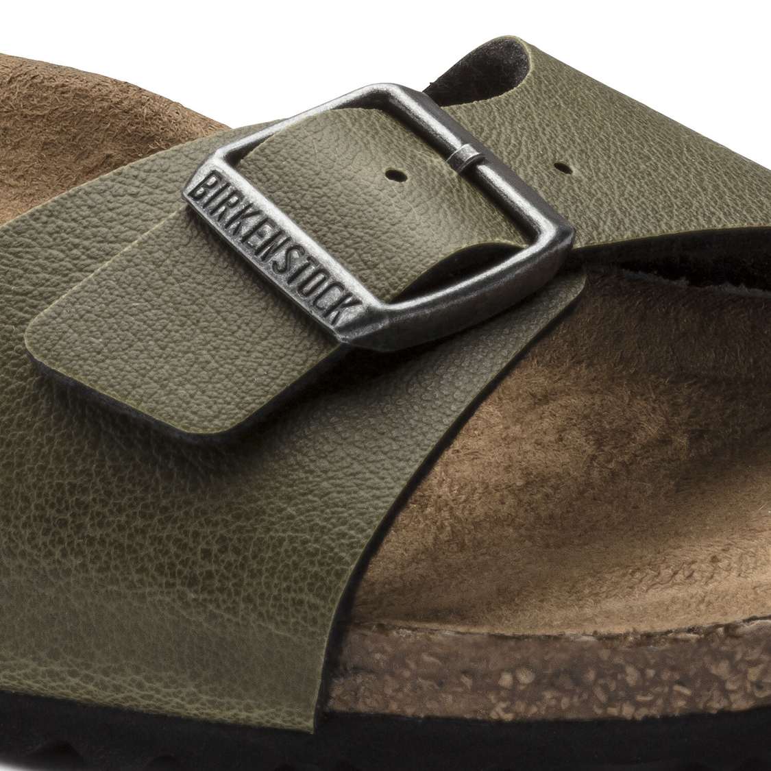 Birkenstock Madrid Vegan Birko-Flor One Strap Sandals Olive | x8wWkTt9AQW