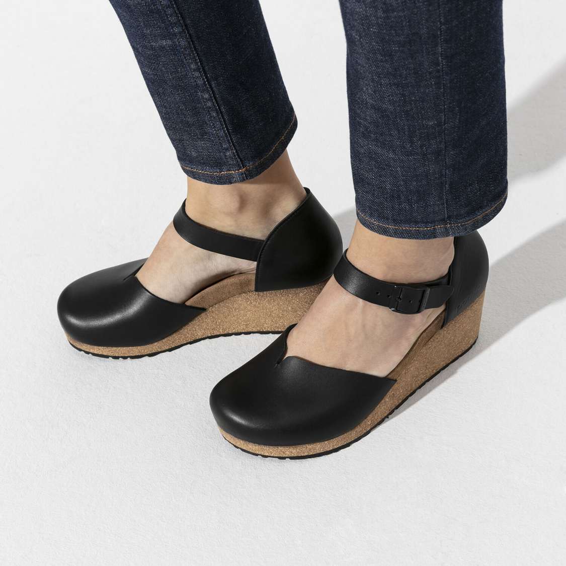 Birkenstock Mary Leather Wedges Sandals Black | CteN3wSfgfY